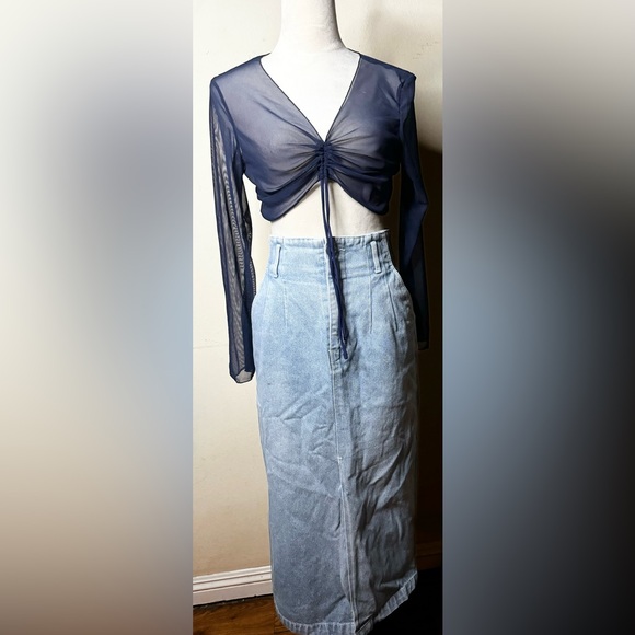 Mesh Sheer long Sleeve Crop Top with ties underbust v neck fishnet ruched noir - Picture 7 of 8